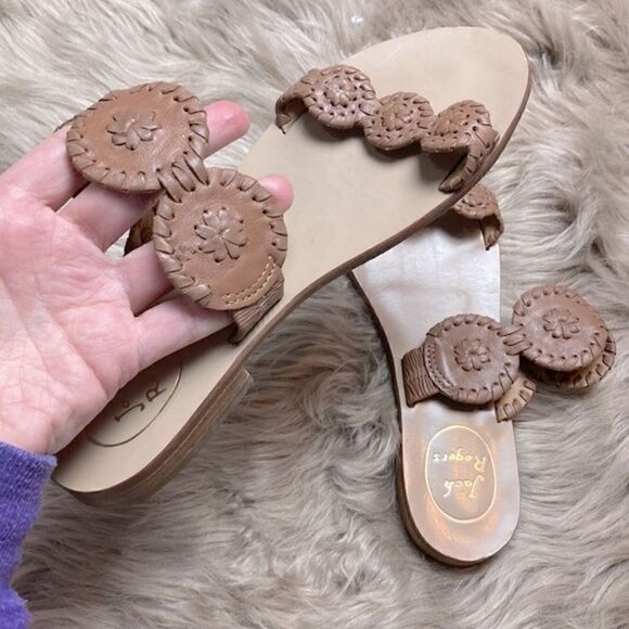 Jack Rogers Leather Lauren Slide Sandal Floral Shaped Low Stacked Heel - Picture 5 of 14